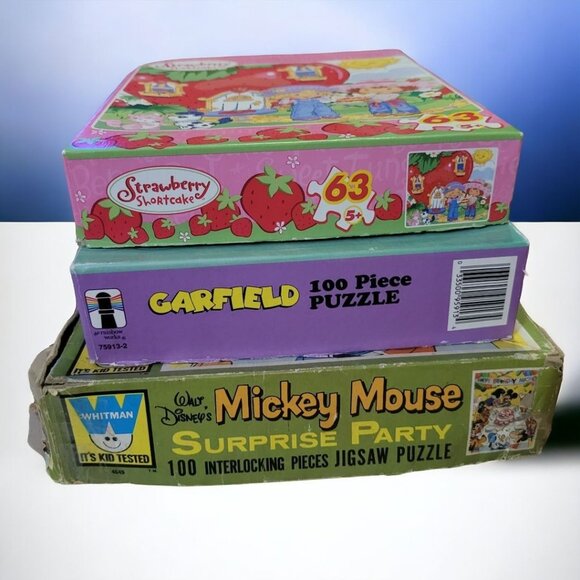Mickey Garfield Strawberry Shortcake Puzzles Vtg Kid Child Disney Pieces Crafts - Picture 7 of 7